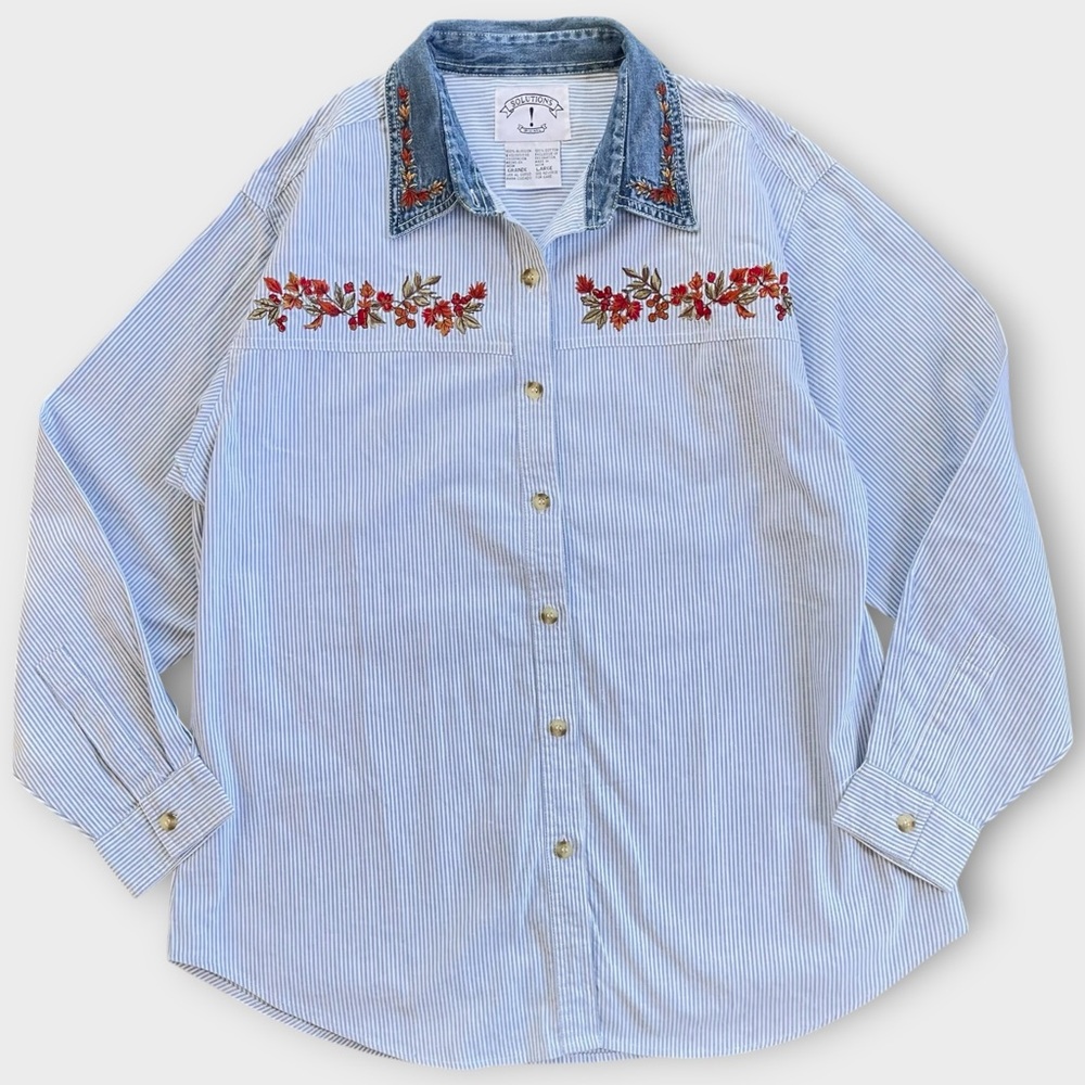 Vintage Solutions Blue Pinstripe Embroidered Fall Leaves Button Down Shirt L